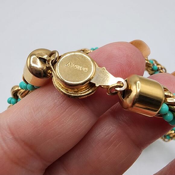1972 Avon Rope Twist Necklace Gold Tone Chain Turquoise Beads Vintage Box Clasp - Picture 4 of 7
